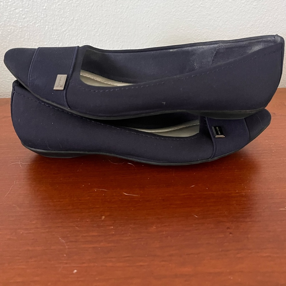 Anne Klein Navy Canvas Ballet Flats with Logo Plaque - Picture 2 of 6